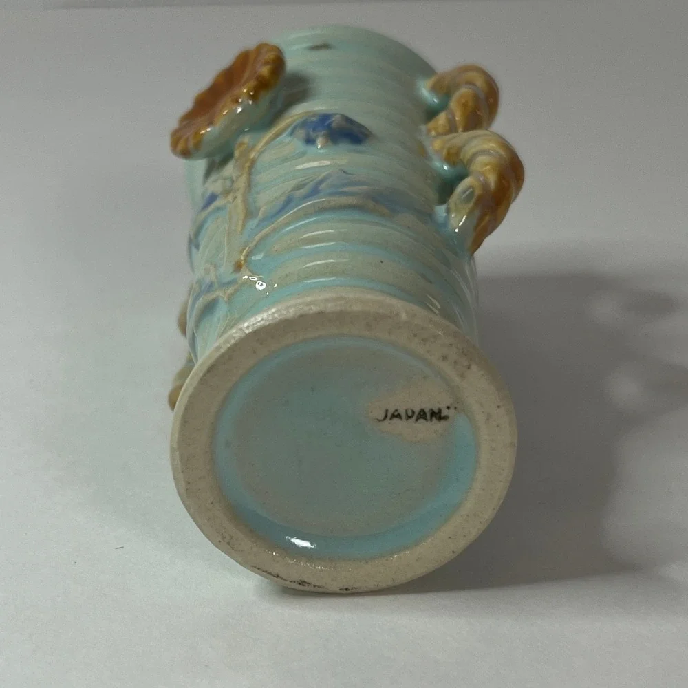Vintage Japan Ceramic Sunflower Bud Vase Blue Ribbed Double Rope Handle Pottery